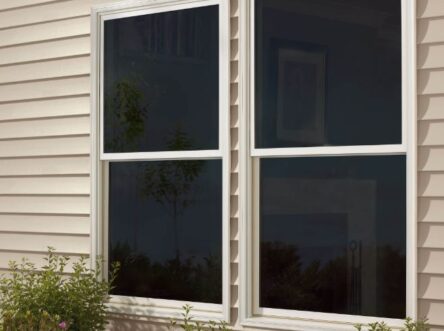Exterior of a house showing two single hung windows.