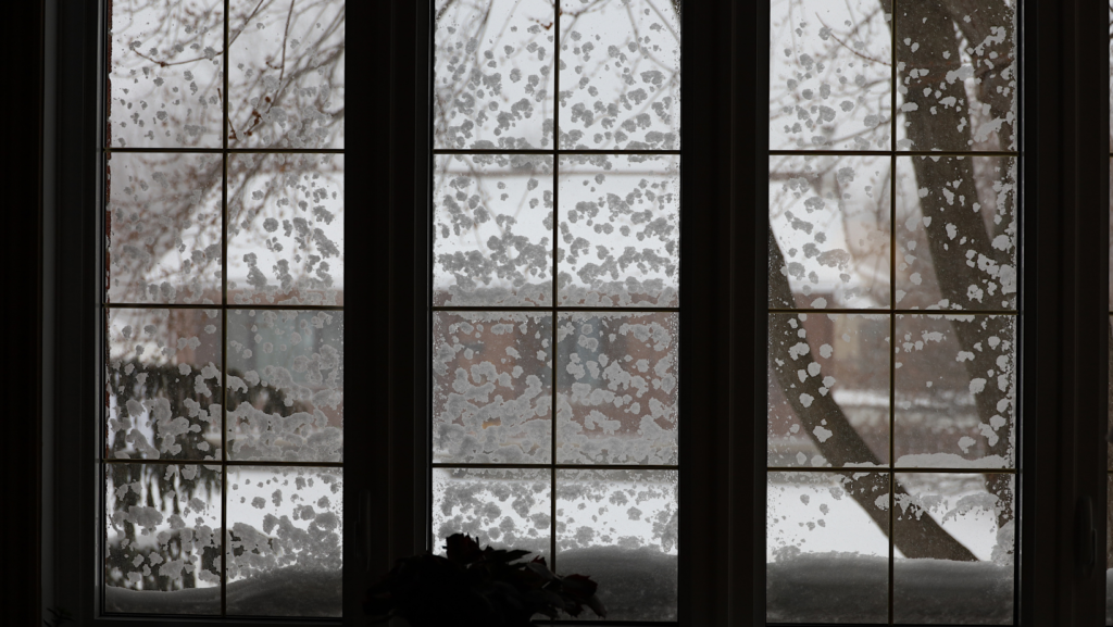 Inside a house looking out at snow through a window.